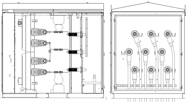 Left: General Arrangement of Internal Medium Voltage Reclosers Right: Cable bay. Incoming feeders top and bottom, central horizontal arrangement of outgoing feeder to critical load.