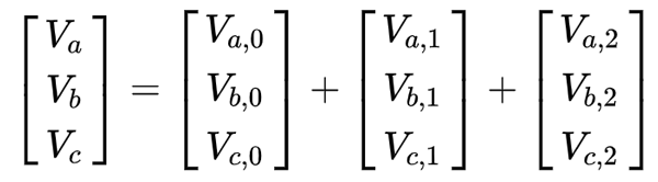 Matrix Notation of Phase Voltages (LHS), with Sequence Components (RHS) Essentially, the 3 phase readings (LHS) can be reached by adding together the three sequence components (RHS)
