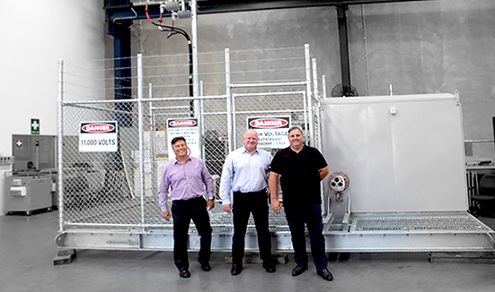 NOJA Power GMK (Right) commissioned in an Overhead to Underground Assembly. Left to Right, Dean van Wijk (General Manager POWINS), Neil O’Sullivan (Group Managing Director NOJA Power), Julian Rauwendaal (Operations Manager QLD POWINS)