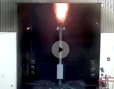 NOJA Power OSM Recloser under Arc Fault Type Testing. With the OSM Recloser the explosion is controlled and directed away from bystanders and operators using the patented Arc Fault Venting system.
