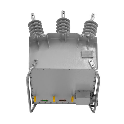 A NOJA Power OSM Single Triple Recloser. Note the three independent mechanical lockout hook rings and per-phase mechanical phase indication.