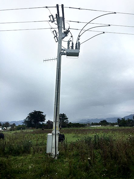 ©NOJA Power 2021, an OSM Recloser after the 2016 Kaikora Earthquake in New Zealand (note the sunken pole)
